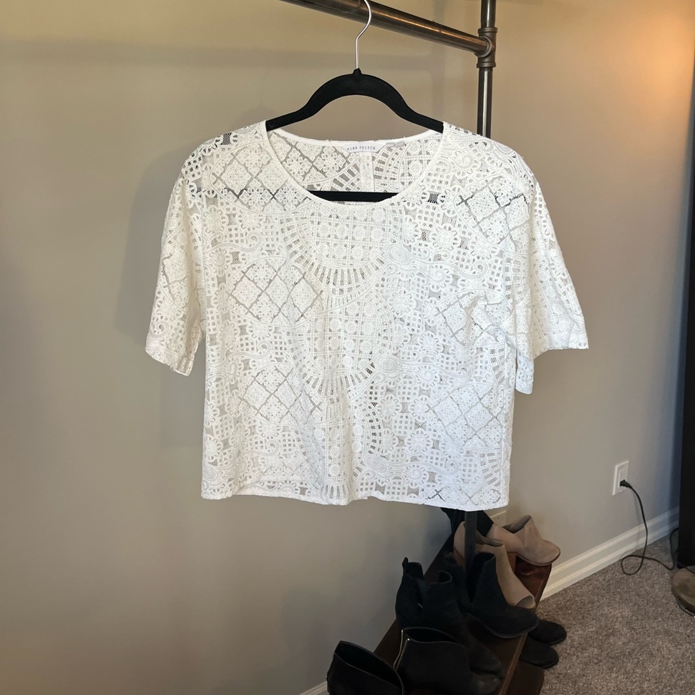 Cropped sheer lace top with open back